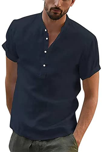 Tshirt Herren Leinen Sweatshirt V-Ausschnitt Kurzarm Shirts Sommer Freizeit Slim Fit Günstig Kleider Business Regular Oversize T Shirts Kleidung Clothes Outfits Dunkelblau L