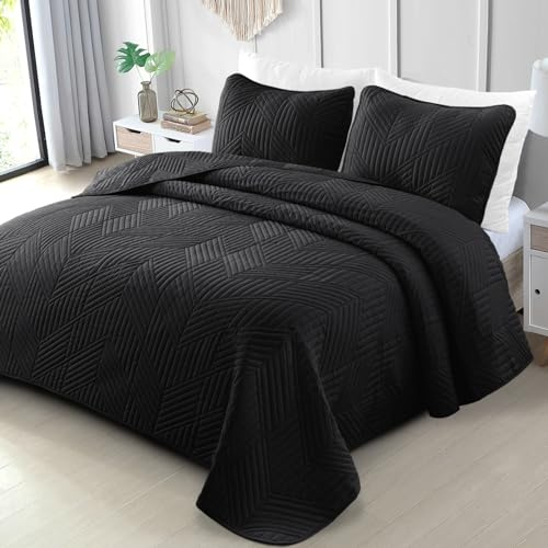 Exclusivo Mezcla Ultrasonic Tagesdecke, Leichte Bettüberwurf Steppdecke | 260x280 CM Tagesdecke Bettüberwurf mit zwei Kissenbezüge, geometrische Wohndecke als Überwurfdecke für Wohnzimmer, Schwarz