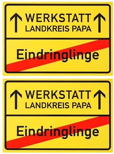 Ortsschild mit WERKSTATT LANDKREIS PAPA, 2 Stück, 1 mm PVC, 30 x 20 cm, Scherzartikel für Familienpapa Werkstatt, Schild gegen Eindringlinge, lustiges Hinweisschild Vatertag, Geburtstagsschild Vater