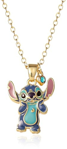 Disney Stitch Halskette, aus 18 Karat vergoldetem Messing und farbiger Emaille, Länge 47 cm, für Damen und Mädchen, Fertig zum Verschenken, Offizieller Disney Schmuck