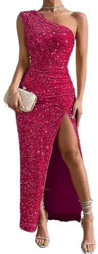 shownicer Robe de Soirée Cocktail Femme Élégante Col V à Paillettes Robe Longue Robe Fendues à Sequins Mode Maxi Dress A Rose Rouge XL