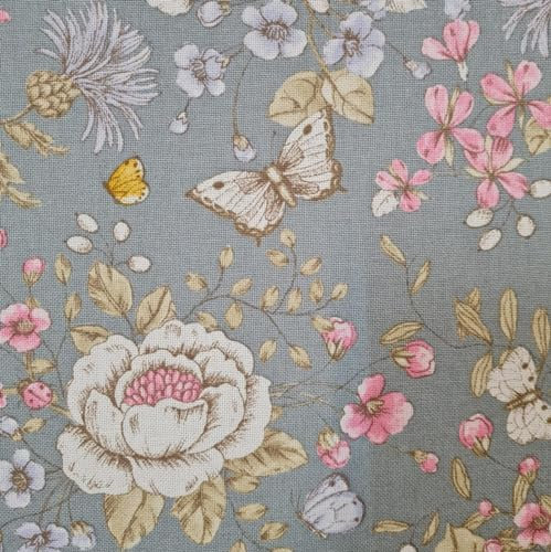 Stoff Meterware pflegeleicht Schmetterlingsgarten graublau bunt Dekostoff Vorhangstoff Tischdeckenstoff Kissenstoff selber nähen Meterware