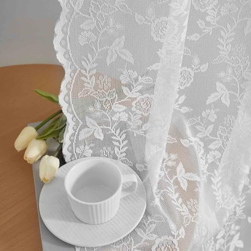 FINECITY Cortinas de Encaje Blanco de 45 Pulgadas de Largo para Ventana de Cocina, diseño Floral de Hojas rústicas, Cortinas de Cocina, 2 Paneles, Bolsillo para Barra, Cortinas de Encaje Transparente
