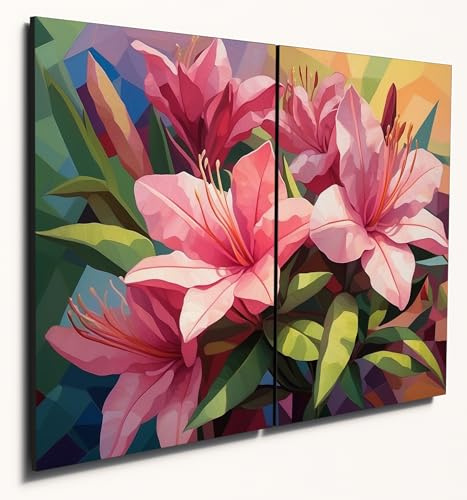 The Plum Penguin Cubist Azaleas Wall Art – A4 Twin Set 6mm Wood MDF – Colorful Home Decor Canvas Alternative 40 x 30cm