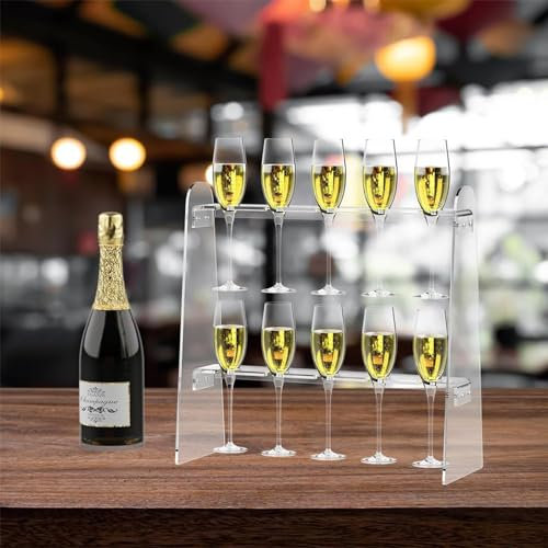 Support mural pour champagne – 2 niveaux en acrylique pour verres à vin 10 emplacements pour fête sur pied étagère pour vitrine, mariage, 40,6 x 40,6 x 16 cm