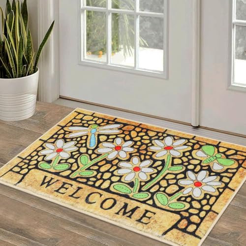 Falflor Front Door Mat - 50x80cm Washable Non Slip Entryway Rug, Low Pile Dirt Trapper for Indoor/Outdoor, Pets & Dogs (Yellow)
