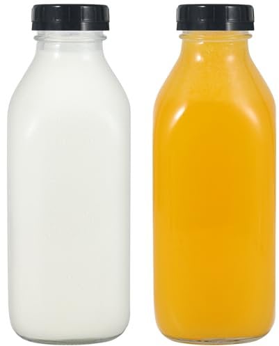 LIMILI Reusable Glass Milk Bottles, 2 pack 1 Litre with Lids, Dairy, Juice & Drinking Bottles for Homemade Breakfast, Picnics, Weddings (Black)