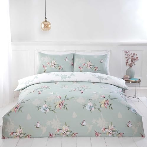 Rapport Home Hummingbird Floral Duvet Cover Set, Polyester - Double Green | Includes pillowcases. Soft polyester bedding with floral hummingbird print. Easy care fabric.