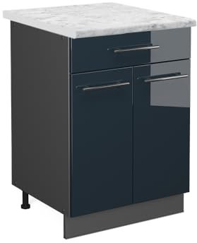 Vicco Küchenunterschrank Fame-Line, Dunkelblau Hochglanz/Anthrazit, 60 cm mit Schublade, AP Marmor