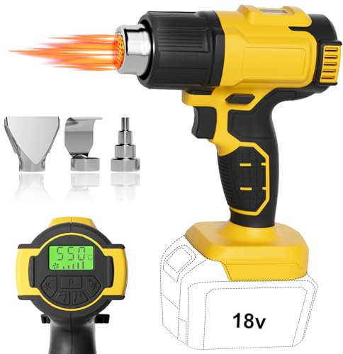 Arofaue Akku Heißluftpistole 18V-24V Batterie Gelb Heißluftfön Lcd-Digitalanzeige Heißluftgebläse 3 Düsen Elektrische Heissluftpistole Einstellbar 50-550℃ (ohne Akkus und Ladegerät)