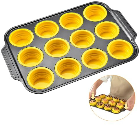 Foyucool Pieghevole Teglia Muffin in Silicone, Teglia per Cupcake da 12 Tazze, Press to Release, Tazza per Muffin in Silicone Antiaderente, Vassoio per Cupcake, Stampo per Cupcake per Torta, Giallo