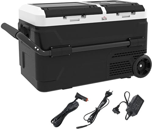HOMCOM Nevera Compresor Portátil 40L con Doble Zona Nevera para Coche -20℃-20℃ 100-240V AC y 12/24V DC Nevera Eléctrica con Luz LED y Asa Telescópica para Viajes Caravanas 80x47,5x46,6 cm Negro