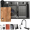 DSMRLEOP Fregadero de cocina con cascada negra, 70 x 50 cm, 1 cuenco, acero inoxidable, rectangular, sifón, rebosadero y desagüe, moderno y multifuncional, fregadero cascada con juego de accesorios