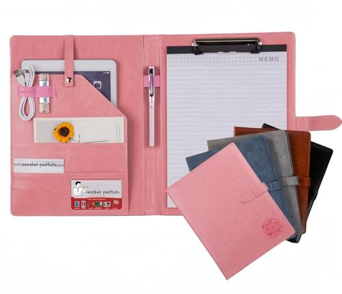 Porte-documents en cuir, organiseur de documents juridiques pour entretiens, porte-bloc, porte-cartes, 2 blocs d'écriture au format lettre inclus (rose)