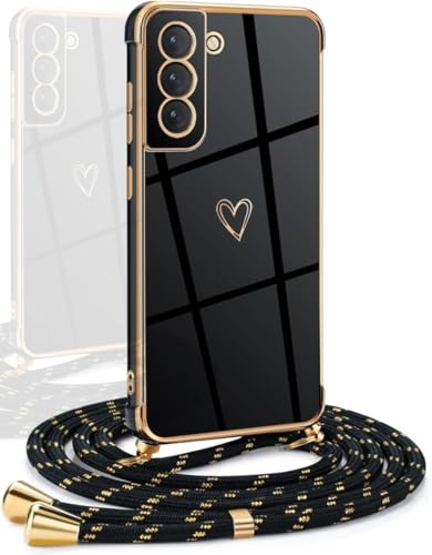 YAMCCCSE Coque avec Cordon Compatible avec Samsung Galaxy S21 FE, Galvanoplastie Motif Coeur d'amour Housse Antichoc TPU Silicone, Réglable Etui avec Lanière pour Samsung Galaxy S21 FE,Noir