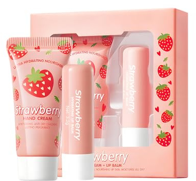 15g Crema de Manos y 3.2g Bálsamo Labial de Fresa, Lipsticks | Set de Crema de Manos y Bálsamo Labial de Fresa, Cuidado Nutritivo para los Labios, Piel Suave