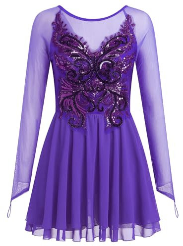 FYMNSI Robe de danse, patinage artistique, à manches longues, pour femme, patinage artistique, compétition, costume de danse avec paillettes, fleurs, en mousseline de soie, robe de ballet, lilas, M