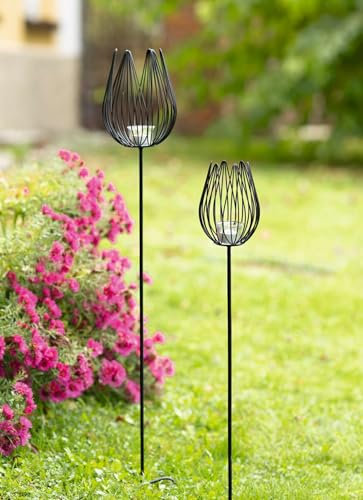 Dekoleidenschaft 2X Gartenstecker Blüte aus Metall, schwarz, mit Windlicht, Teelichthalter, Dekostecker, Gartendeko für Draußen