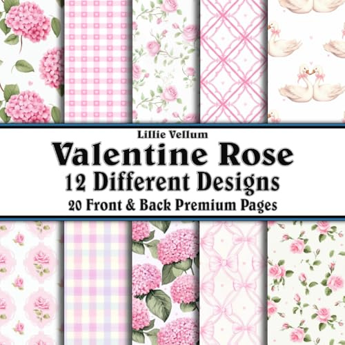 Scrapbook Paper - 20 Front and Back Premium Color Pages: Valentine Rose & Hydrangea Patterns - Spring Swans Flowers Hearts Pink Plaids Dots and Love - 8.5x8.5