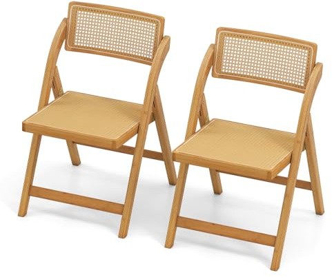 HOMASIS Juego de 2 sillas plegables de comedor, sillas de cocina de ratán con estructura de bambú, respaldo giratorio 360 ° y asiento amplio para salón, sin montaje, capacidad de carga 150 kg
