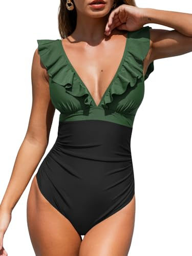 CUPSHE Women One Piece Swimsuit Ruffled Lace Up Beach Swimwear Tummy Control Swimming Costume Bathing Suit