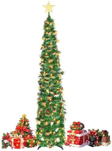 150cm / 5ft Pop Up Christmas Tree, Collapsible Artificial Tinsel Xmas Tree with Star Topper, Foldable Indoor Outdoor Holiday Decor for Home, Party, Gifts (Green)