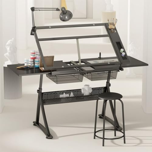 Dexinhdh Zeichentisch Mit Hocker, Stehpult-Aufbewahrung, Höhenverstellbarer Und Winkelverstellbarer Zeichentisch Mit Schubladen Und Schreibtischlampe, Für Arbeitszimmer, Büro, Studio