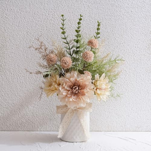 Artificial Flowers in Ceramic Vase, Faux Silk Arrangement for Home Décor | Fake Dahlia & Dandelion Floral Bouquet with Ribbon Pot, Dining Coffee Table Centerpiece Spring Summer Decor, Brown