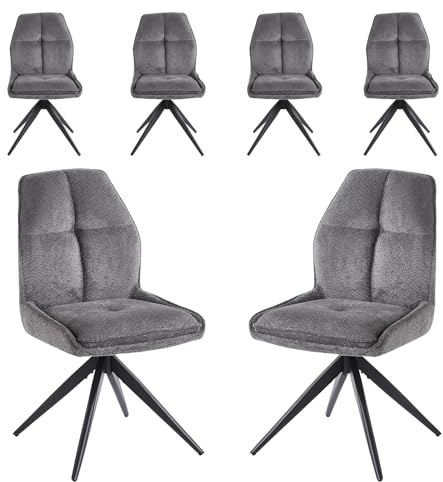 stone princess 6er Set Esszimmerstühle Drehbare: Stoffbezug Gepolsterter Sitz - Moderne Küchenstühle mit 360° Drehfunktion Rückstellmechanismus - Metallgestell in Matt Schwarz