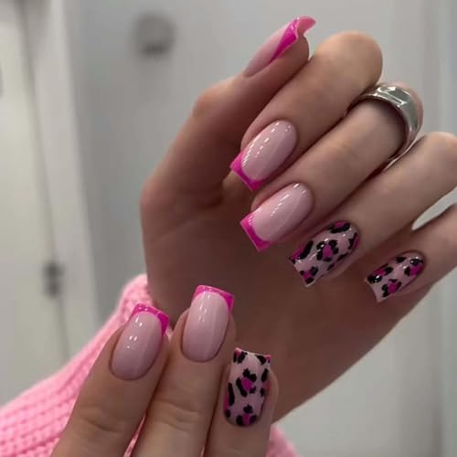 24PCS Soft Pink French Tip Press On Nails, Square Leopard Print, Glossy | Reusable full-cover nail set, quick application and easy removal, for women, parties, events and daily wear