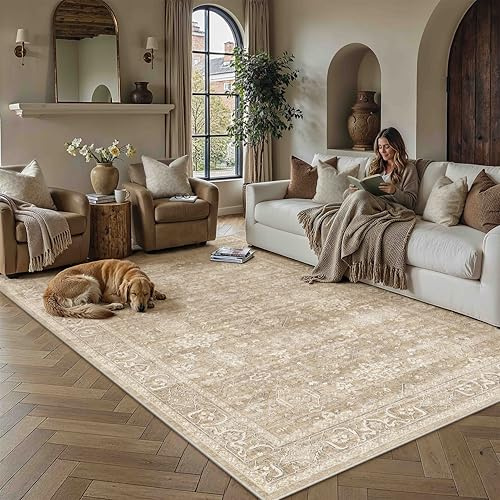 PureCozy Vintage Teppich Wohnzimmer 140x200cm Beige Schlafzimmer | Wohnzimmerteppich Waschbarer Carpet,Weich Rutschfest Teppiche,Esszimmer Büro Kurzflor Groß Tepich Carpets Rug