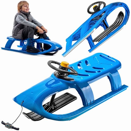 KADAX Kunststoffschlitten mit Lenkrad & Hupe, 102x41x34cm Kinderschlitten aus Kunststoff, Lenkschlitten mit Zugseil und Griff, Lenkbob, Schlitten für Kinder (Blau)