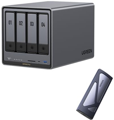 UGREEN NASync DXP4800 Plus 4-Bay NAS + M.2 NVMe Enclosure, Intel Pentium 8505,8GB DDR5,128G SSD,10GbE+2.5GbE,2×M.2 Slots,4K HDMI |10Gbps Aluminum Tool-Free,USB3.2 Gen2,UASP&TRIM(Diskless)