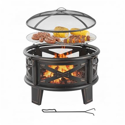 Relaxdays Feuerschale, Ø 66 cm, mit Grillrost, Funkenschutz & Schürhaken, Feuerstelle Garten, Feuerkorb, schwarz/Bronze