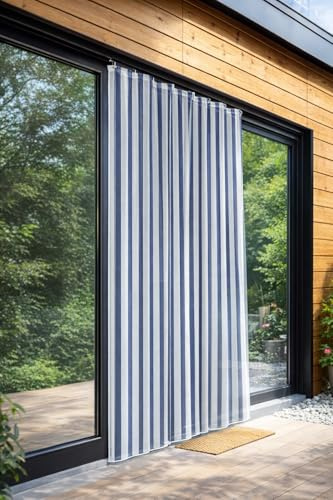 Tenda Zanzariera da Esterno 145x250 cm Per Porta Ingresso Balcone Giardino con Piombini, Rete Anti Insetti Resistente mod. TIGRE a Righe (Bianco&Blu)