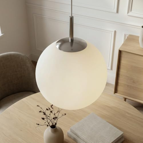 Liadomo Pendelleuchte Kyra, Hängelampe 1-flammig Glas, modern, E27 | Ø 35 cm, rund, Opalweiß/Chrom, dimmbar, Design, Esszimmerlampe, Küchenlampe, höhenverstellbar, ohne Leuchtmittel