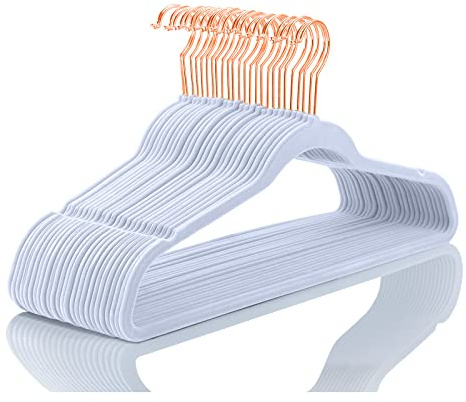 MIZGI Premium Samt-Kleiderbügel (50 Stück) strapazierfähig – rutschfest – Samt-Kleiderbügel dunkelviolett – Kupfer/Rotgold Haken, platzsparende Kleiderbügel hellblau