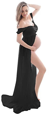FEOYA-Femmes Enceintes Accessoires de Photographie Fendu Devant Maxi Traîne Longue Robe Robe de Maternité Hors Epaule pour Séance Photo Sexy Elégant en Mousseline de Soie Été Dentelle Dos