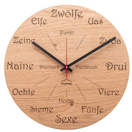 huamet Holz Wanduhr UHRFORM aus Eiche Astig, rund - einzigartiges Design mit urigem Südtiroler Dialekt, geräuschlos ohne Ticken - Qualitätsprodukt Made in Südtirol - CH50-A-1605