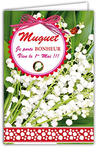 Afie 68-1039-A Glückskarte mit Umschlag Maiglöckchen mit Marienkäfer aus Holz handbemalt in rot 13 weiße Glocken 1. Mai Blumenstrauß Party Frühling