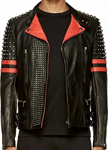 Brando Motorradjacke für Herren, mit Nieten, Rot / Schwarz Gr. 4XL, Lederjacke mit schwarzen und roten Streifen