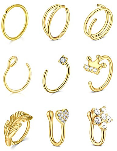 VF VFUN Nose Rings Stainless Steel Nose Septum Piercing Nose Hoop jewellery Women Nose Cuff Helix Cartilage Earrings Nostril Piercing 9PCS Gold