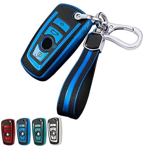 WKIOERAD Für BMW Schlüsselanhänger Abdeckung mit Schlüsselanhänger Weiches TPU Leder Vollschutz Schlüsselhülle für BMW 1 3 4 5 6 7 Serie X3 X4 M5 M6 GT3 GT5 Smart Key (blau)