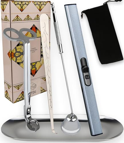 5IN1 Candle Accessory Kits,Candle Snuffer,Candle Wick Cutter Trimmer, Candle Wick Dipper, Rechargeable Lighter, Storage Tray with Bag, Candle Care Kit for Candle Lover Aromatherapy Gift (Silver)