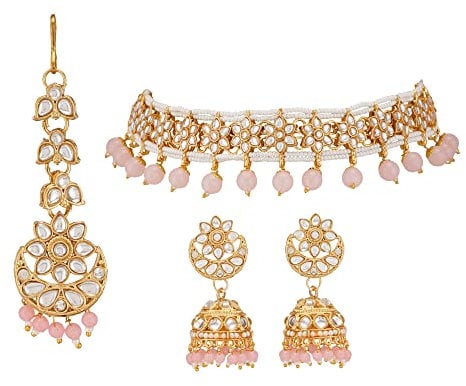 Jwellmart Gold Plated Faux Kundan Pearl Bridal Wedding Choker Necklace Earrings Tika Combo Set Bollywood Party Traditional Fashion Indian Jewelry Jewellery Set for Women (Baby Pink)