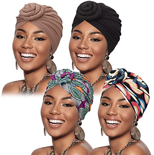 DRESHOW 4 Stücke Afrikanischen Turban für Damen Soft Vorgebunden Knot Mode Plissee Turban Hut Mütze Kopfwickel Schlafmütze