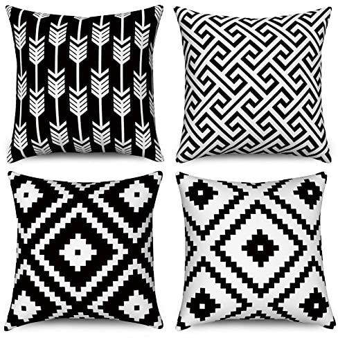 Hnmdmyi Kissenbezug Schwarz und Weiß 50x50 4er Set, Boho Kissenbezüge Modernes Geometrisches Muster Neutrale Dekorative Leinen Kissenhülle für Sofa Couch Bett Garten Outdoor Home Decor