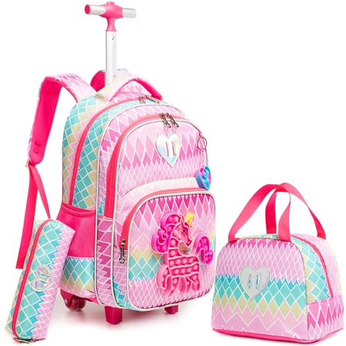 Meetbelify Niedliche Einhorn Rolling Backpack für Mädchen Rucksäcke mit Rädern für Grundschulkinder rosa Koffer Set Travel Laptop Gepäck für Mädchen Alter 6-8