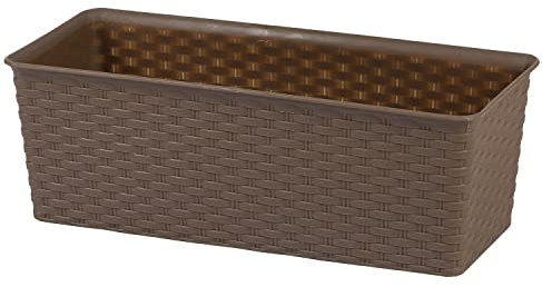 Balkonkasten - Blumenkasten aus Kunststoff in Rattan-Optik L 30 cm oder L 40 cm - Blumenkästen für Balkon und Terrasse wetterfest - Balkonkästen wetterfest Größe 30 x 13 x 10,5 cm (L/B/H), Farbe Mokka