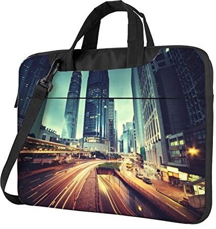 Laptop Schulter Messenger Bag Traffic in Hong Kong at Sunset Time Printed Computer Tote Work Bag Laptop Case Aktentasche, Schwarz, 14 inch